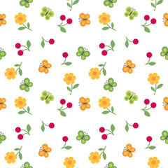 vector seamless children`s pattern flowers, butterflies and cherry