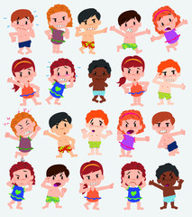 Cartoon character boys and girls in a swimsuit. Set with different postures, attitudes and poses, doing different activities. Vector illustrations.