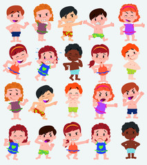 Cartoon character boys and girls in a swimsuit. Set with different postures, attitudes and poses, doing different activities. Vector illustrations.