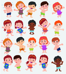 Cartoon character boys and girls in a swimsuit. Set with different postures, attitudes and poses, doing different activities. Vector illustrations.