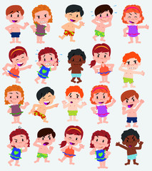 Cartoon character boys and girls in a swimsuit. Set with different postures, attitudes and poses, doing different activities. Vector illustrations.