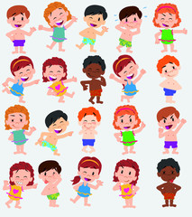 Cartoon character boys and girls in a swimsuit. Set with different postures, attitudes and poses, doing different activities. Vector illustrations.