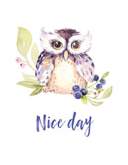 Hand drawing easter watercolor flying cartoon bird and eggs with leaves, branches and feathers. Watercolour spring art illustration in vintage boho style. Greeting bohemian cars.