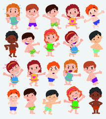 Cartoon character boys and girls in a swimsuit. Set with different postures, attitudes and poses, doing different activities. Vector illustrations.