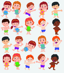 Cartoon character boys and girls in a swimsuit. Set with different postures, attitudes and poses, doing different activities. Vector illustrations.