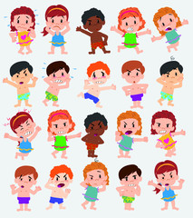 Cartoon character boys and girls in a swimsuit. Set with different postures, attitudes and poses, doing different activities. Vector illustrations.