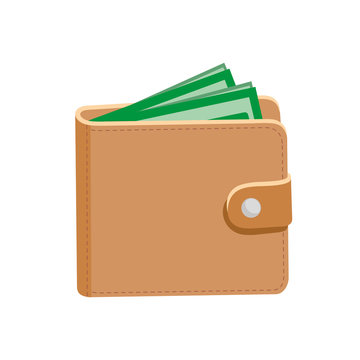 Wallet. Leather wallet and dollars. Vector illustration. Isolated on white.