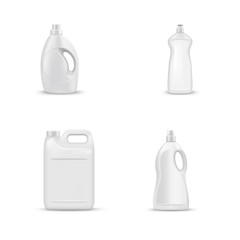 mock up liquid laundry detergent package, realistic set of  blank plastic white bottles. Mockup for brand and package design