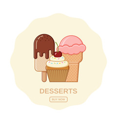 Ice cream, sundae and cupcake icons. Vector illustration. Template for online shopping. Set outline desserts. Junk and sweet snacks of cafe or restaurant. Unhealthy meal in flat line art style.