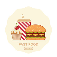 Burger, cupcake and soda. Vector. Fast food icons. Junk colorful cooking elements. Template online shopping. Set outline unhealthy meal in flat line art style. Restaurant snacks.