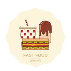 Sandwich, ice cream and soda. Vector. Fast food outline icons. Junk colorful cooking elements. Template online shopping. Set unhealthy meal in flat line art style. Restaurant, cafe snacks.
