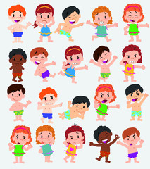 Cartoon character boys and girls in a swimsuit. Set with different postures, attitudes and poses, doing different activities. Vector illustrations.