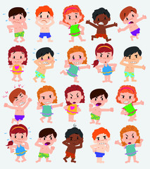 Cartoon character boys and girls in a swimsuit. Set with different postures, attitudes and poses, doing different activities. Vector illustrations.