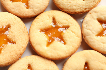 Tasty Linzer cookies with jam, closeup