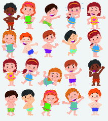 Cartoon character boys and girls in a swimsuit. Set with different postures, attitudes and poses, doing different activities. Vector illustrations.