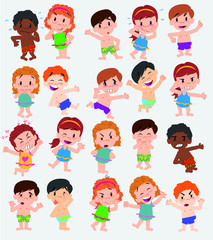 Cartoon character boys and girls in a swimsuit. Set with different postures, attitudes and poses, doing different activities. Vector illustrations.