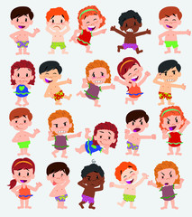 Cartoon character boys and girls in a swimsuit. Set with different postures, attitudes and poses, doing different activities. Vector illustrations.