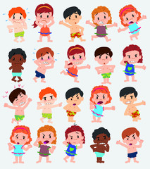 Cartoon character boys and girls in a swimsuit. Set with different postures, attitudes and poses, doing different activities. Vector illustrations.
