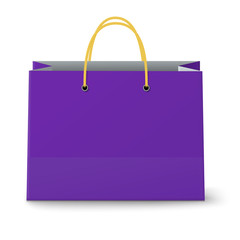 Close-up view of classic violet paper shopping bag with yellow rope grips isolated on white background. Vector illustration.