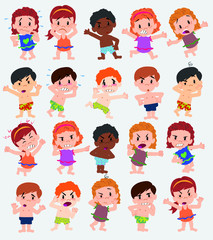 Cartoon character boys and girls in a swimsuit. Set with different postures, attitudes and poses, doing different activities. Vector illustrations.