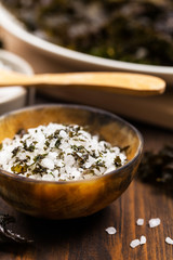 Organic Roasted Kale Sea Salt. Selective focus.