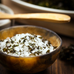 Organic Roasted Kale Sea Salt. Selective focus.