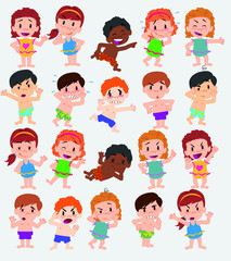 Cartoon character boys and girls in a swimsuit. Set with different postures, attitudes and poses, doing different activities. Vector illustrations.