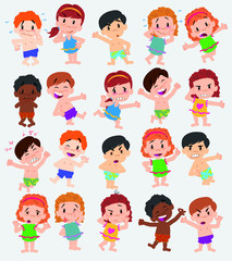 Cartoon character boys and girls in a swimsuit. Set with different postures, attitudes and poses, doing different activities. Vector illustrations.