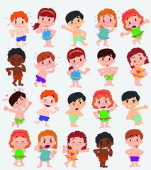 Cartoon character boys and girls in a swimsuit. Set with different postures, attitudes and poses, doing different activities. Vector illustrations.
