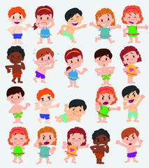 Cartoon character boys and girls in a swimsuit. Set with different postures, attitudes and poses, doing different activities. Vector illustrations.