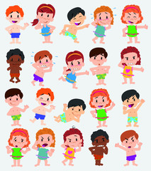 Cartoon character boys and girls in a swimsuit. Set with different postures, attitudes and poses, doing different activities. Vector illustrations.