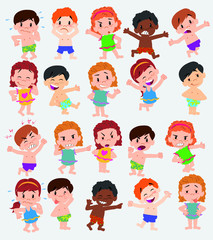 Cartoon character boys and girls in a swimsuit. Set with different postures, attitudes and poses, doing different activities. Vector illustrations.