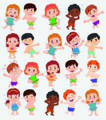 Cartoon character boys and girls in a swimsuit. Set with different postures, attitudes and poses, doing different activities. Vector illustrations.