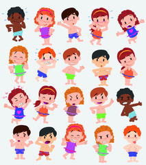 Cartoon character boys and girls in a swimsuit. Set with different postures, attitudes and poses, doing different activities. Vector illustrations.