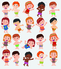 Cartoon character boys and girls in a swimsuit. Set with different postures, attitudes and poses, doing different activities. Vector illustrations.