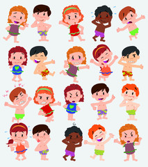 Cartoon character boys and girls in a swimsuit. Set with different postures, attitudes and poses, doing different activities. Vector illustrations.