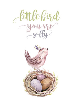 Hand drawing easter watercolor flying cartoon bird and eggs with leaves, branches and feathers. Watercolour spring art illustration in vintage boho style. Greeting bohemian cars.