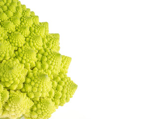 Close-up of Romanesco cauliflower or broccoli isolated on white background green fractals.