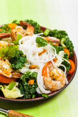 Rice Noodle Kale Salad with Shrimp. Selective focus.