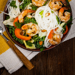 Rice Noodle Kale Salad with Shrimp. Selective focus.