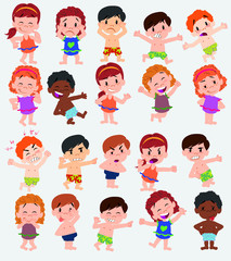 Cartoon character boys and girls in a swimsuit. Set with different postures, attitudes and poses, doing different activities. Vector illustrations.