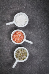 Types of Salt Himalayan, Kosher and Sea Salt Herb Seasoning. Selective focus.