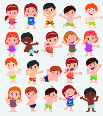 Cartoon character boys and girls in a swimsuit. Set with different postures, attitudes and poses, doing different activities. Vector illustrations.