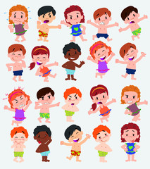 Cartoon character boys and girls in a swimsuit. Set with different postures, attitudes and poses, doing different activities. Vector illustrations.