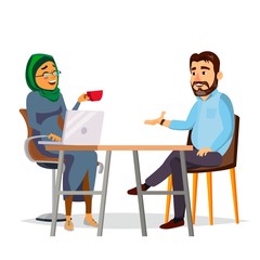 Business People Sitting At The Table Vector. Modern Office. Laughing Friends, Office Colleagues Bearded Man And Muslim Woman Talking To Each Other. Isolated Flat Cartoon Character Illustration