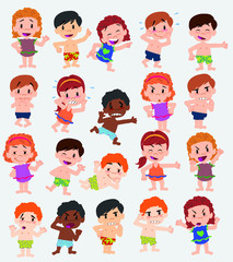 Cartoon character boys and girls in a swimsuit. Set with different postures, attitudes and poses, doing different activities. Vector illustrations.