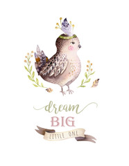 Hand drawing easter watercolor flying cartoon bird and eggs with leaves, branches and feathers. Watercolour spring art illustration in vintage boho style. Greeting bohemian cars.