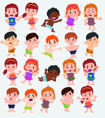 Cartoon character boys and girls in a swimsuit. Set with different postures, attitudes and poses, doing different activities. Vector illustrations.