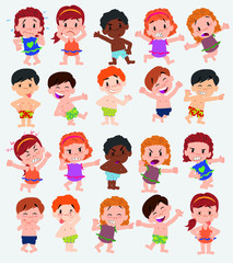 Cartoon character boys and girls in a swimsuit. Set with different postures, attitudes and poses, doing different activities. Vector illustrations.