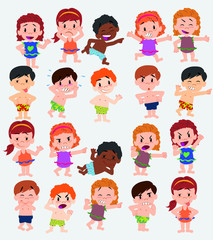 Cartoon character boys and girls in a swimsuit. Set with different postures, attitudes and poses, doing different activities. Vector illustrations.